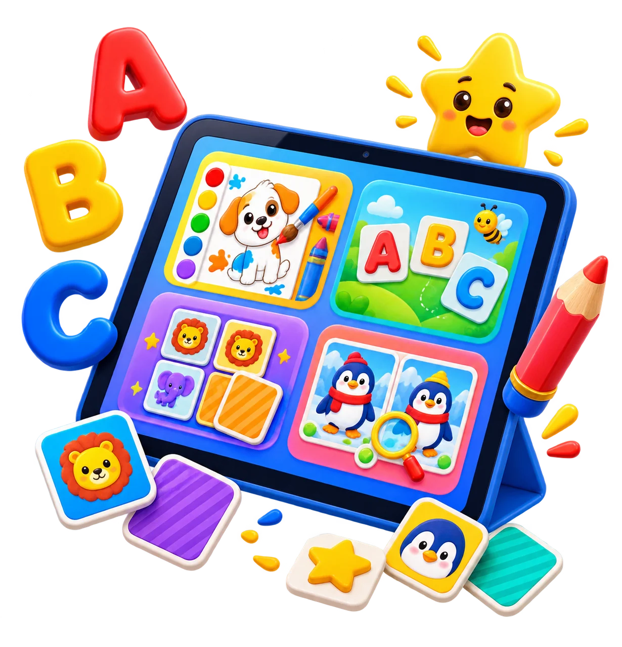 Tablet com jogos educativos de pintura, letras, memória e observação